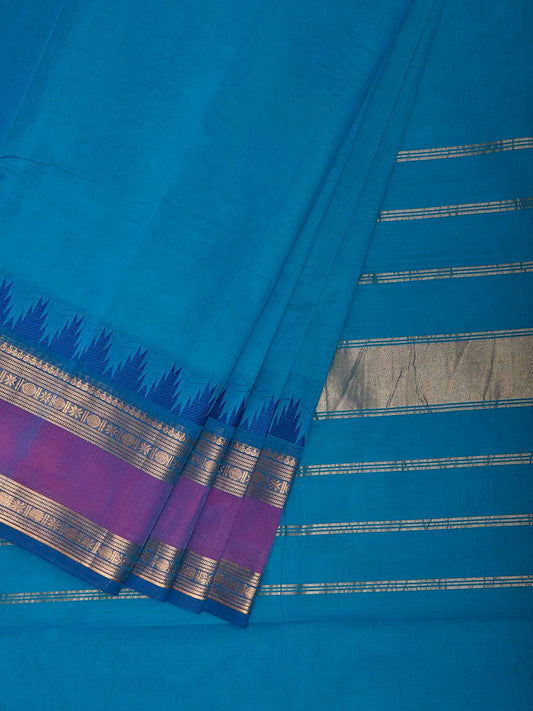 Blue and Purple Kanchipuram Cotton Plain Saree with Temple Border Design k1067