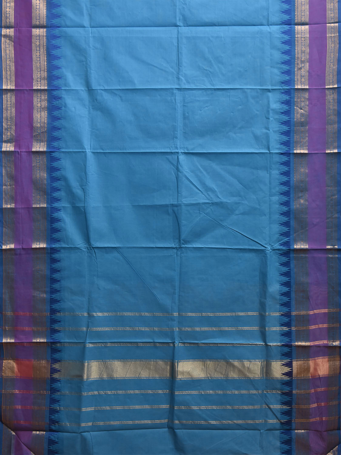 Blue and Purple Kanchipuram Cotton Plain Saree with Temple Border Design k1067