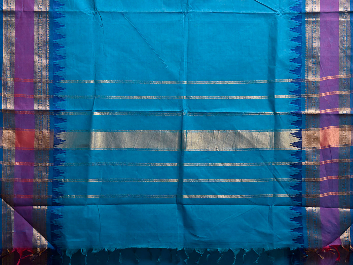Blue and Purple Kanchipuram Cotton Plain Saree with Temple Border Design k1067