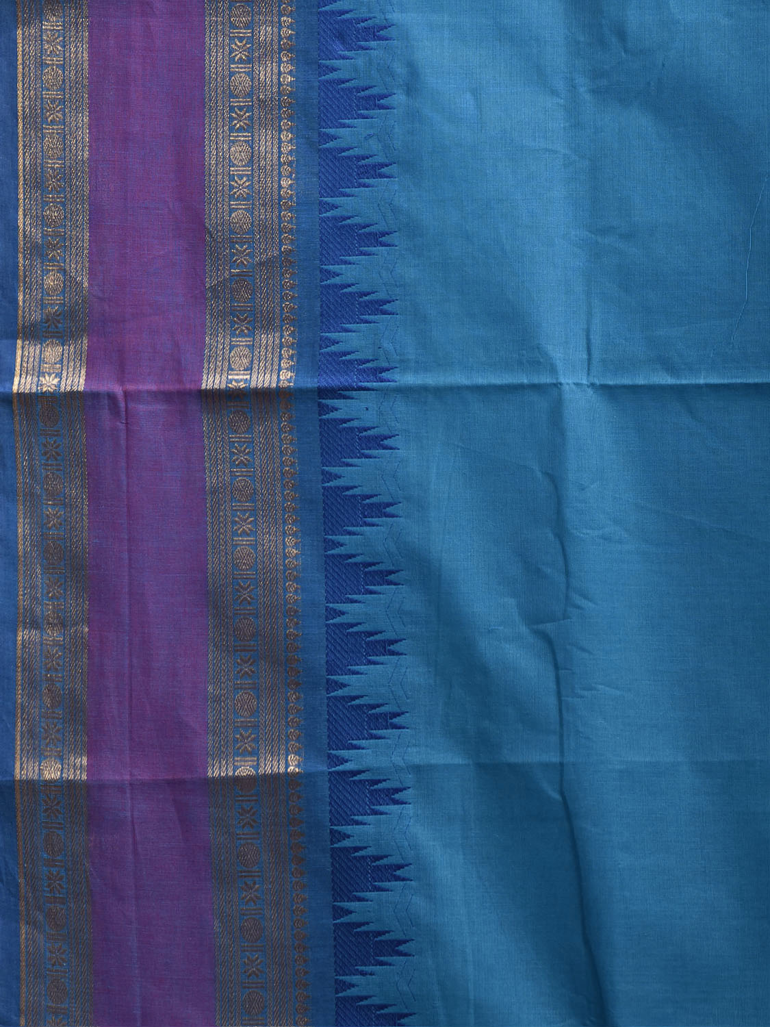 Blue and Purple Kanchipuram Cotton Plain Saree with Temple Border Design k1067