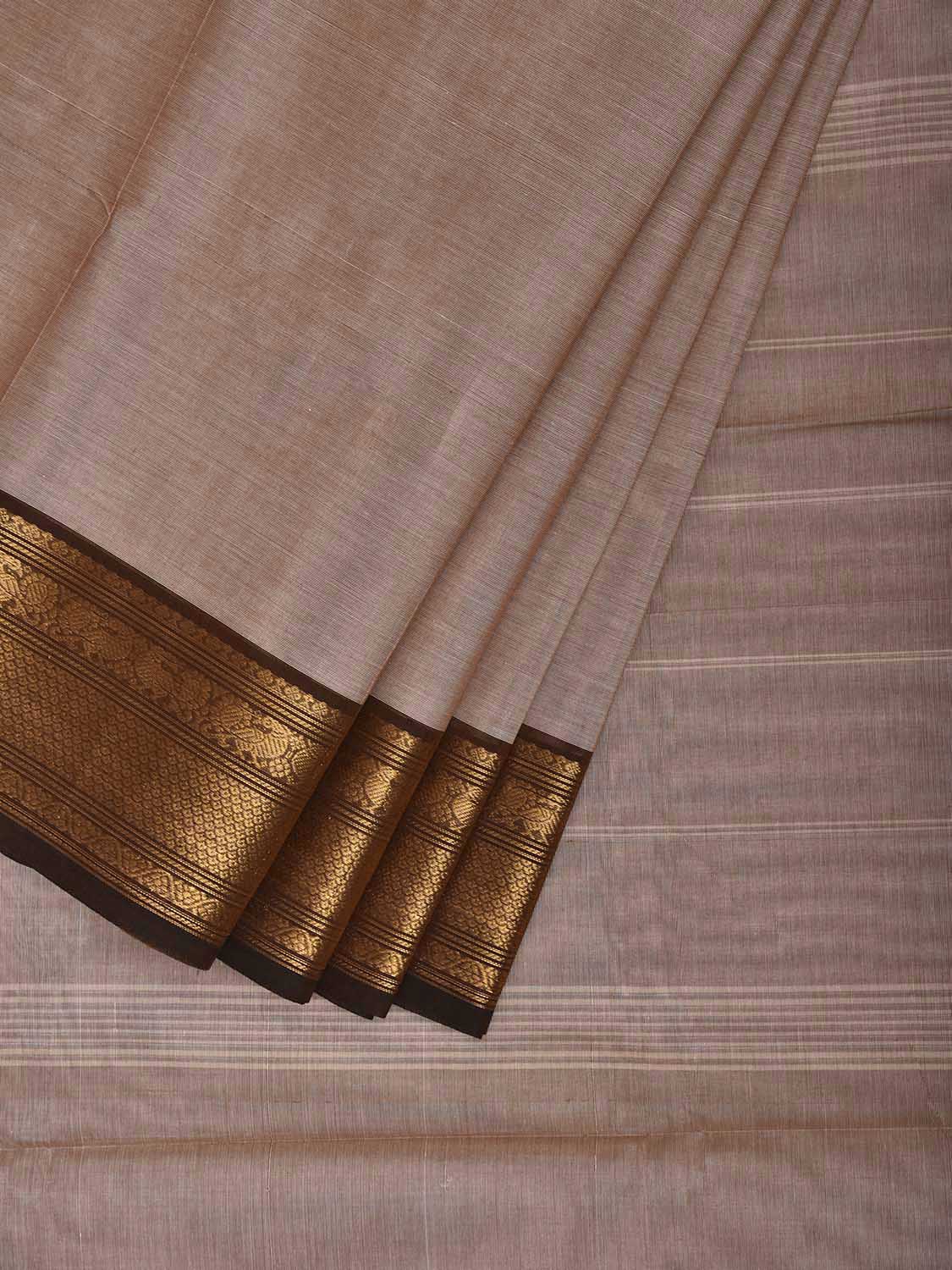 Cream and Brown Kanchipuram Cotton Plain Saree with Border and Strips Pallu Design k1068