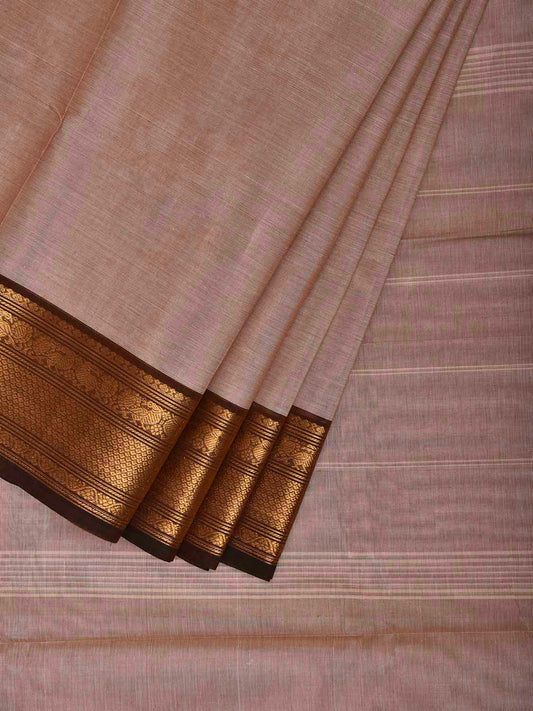Cream and Brown Kanchipuram Cotton Plain Saree with Border and Strips Pallu Design k1068