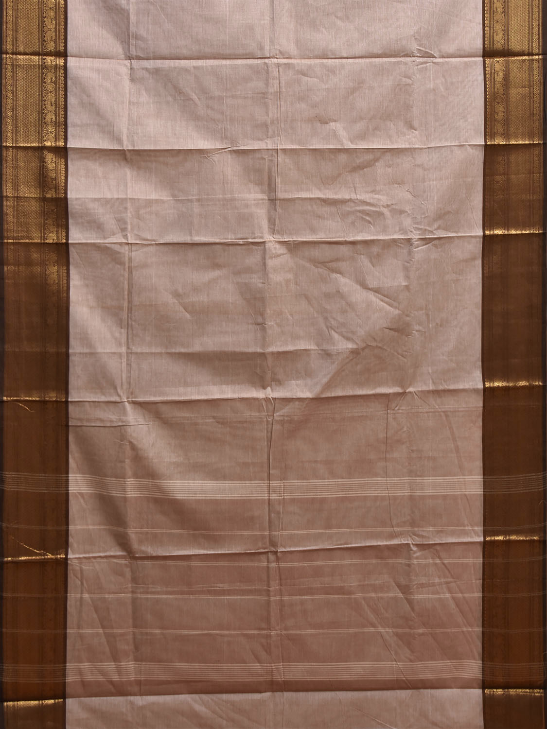 Cream and Brown Kanchipuram Cotton Plain Saree with Border and Strips Pallu Design k1068