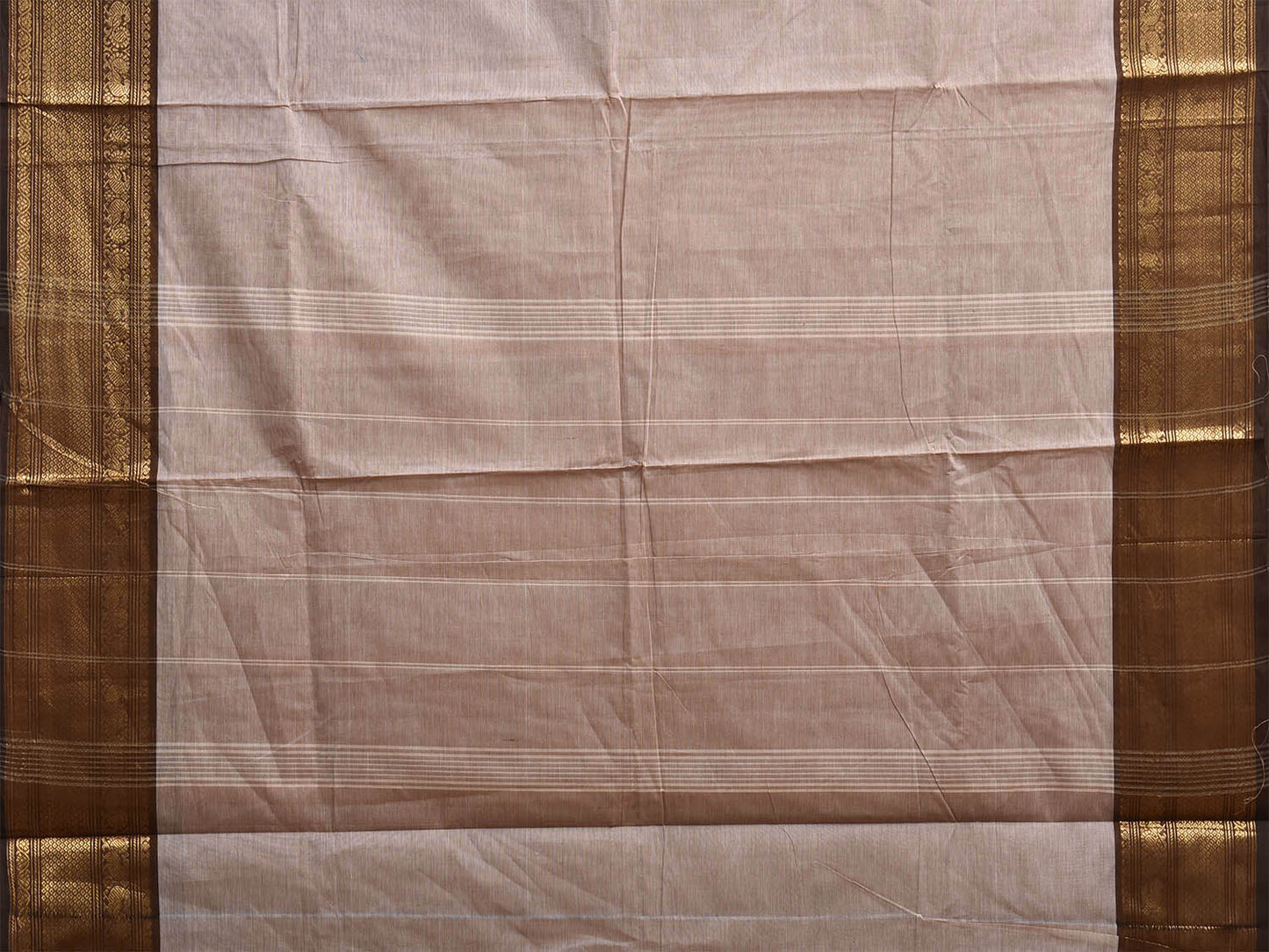 Cream and Brown Kanchipuram Cotton Plain Saree with Border and Strips Pallu Design k1068