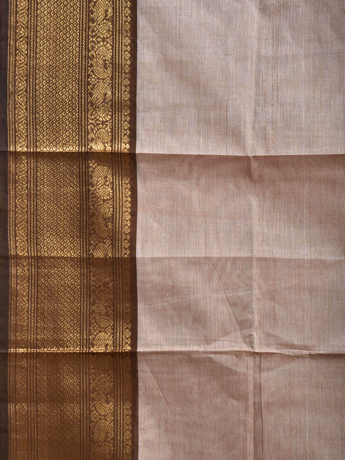 Cream and Brown Kanchipuram Cotton Plain Saree with Border and Strips Pallu Design k1068