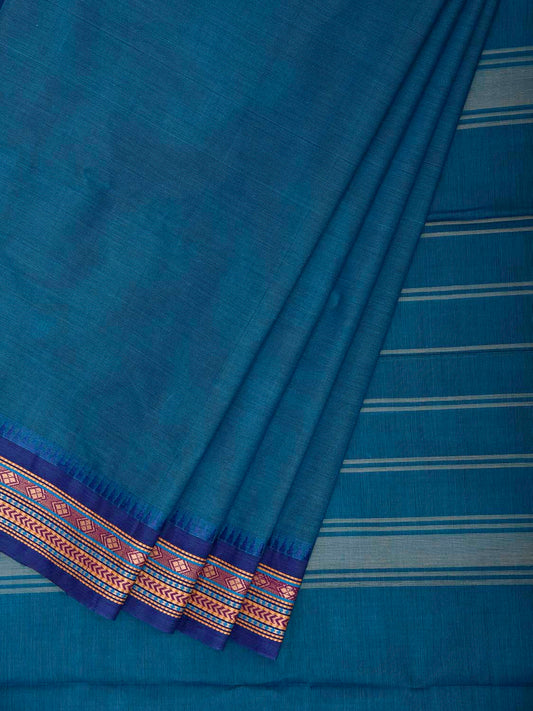 Blue Kanchipuram Cotton Plain Saree with Border and Strips Pallu Design k1069