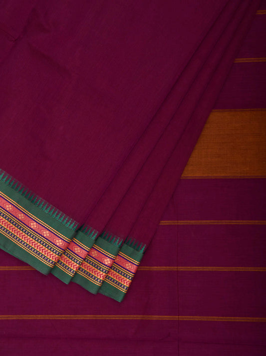 Wine and Green Kanchipuram Cotton Plain Saree with Border and Strips Pallu Design k1070