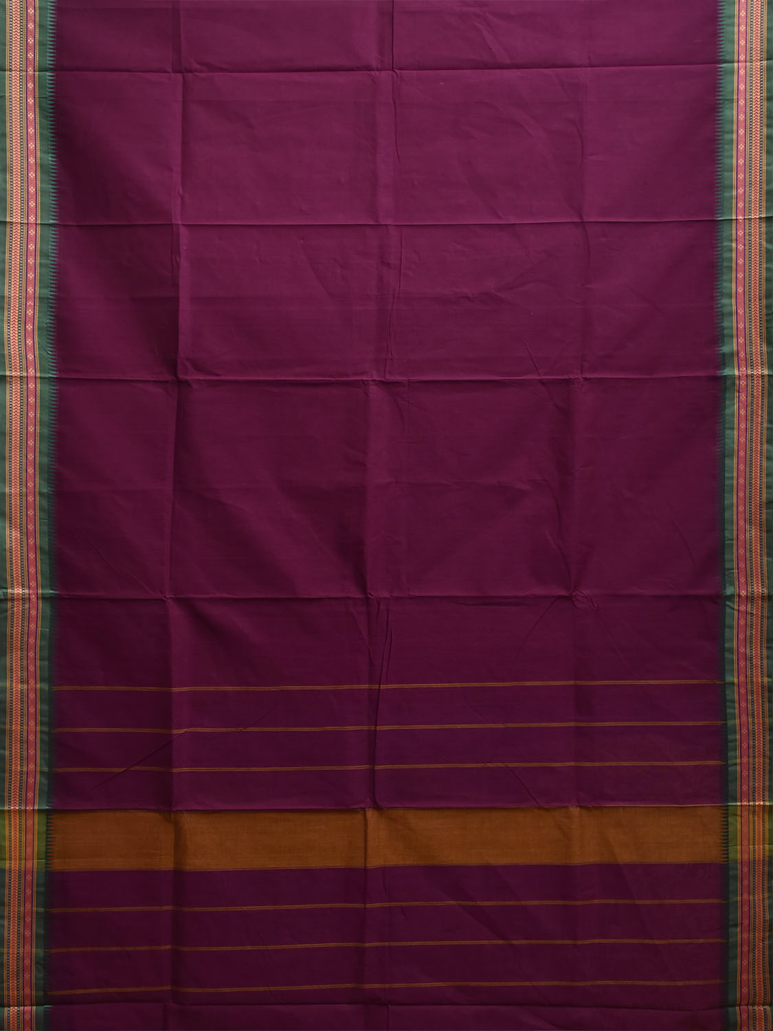 Wine and Green Kanchipuram Cotton Plain Saree with Border and Strips Pallu Design k1070