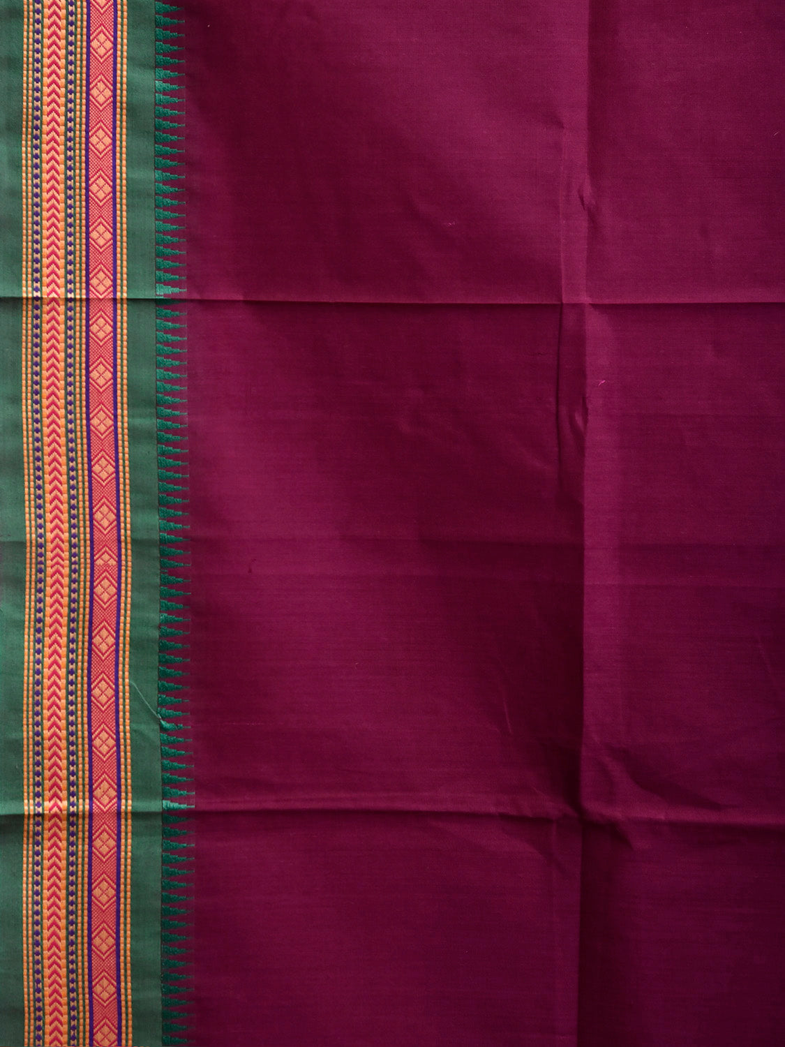 Wine and Green Kanchipuram Cotton Plain Saree with Border and Strips Pallu Design k1070