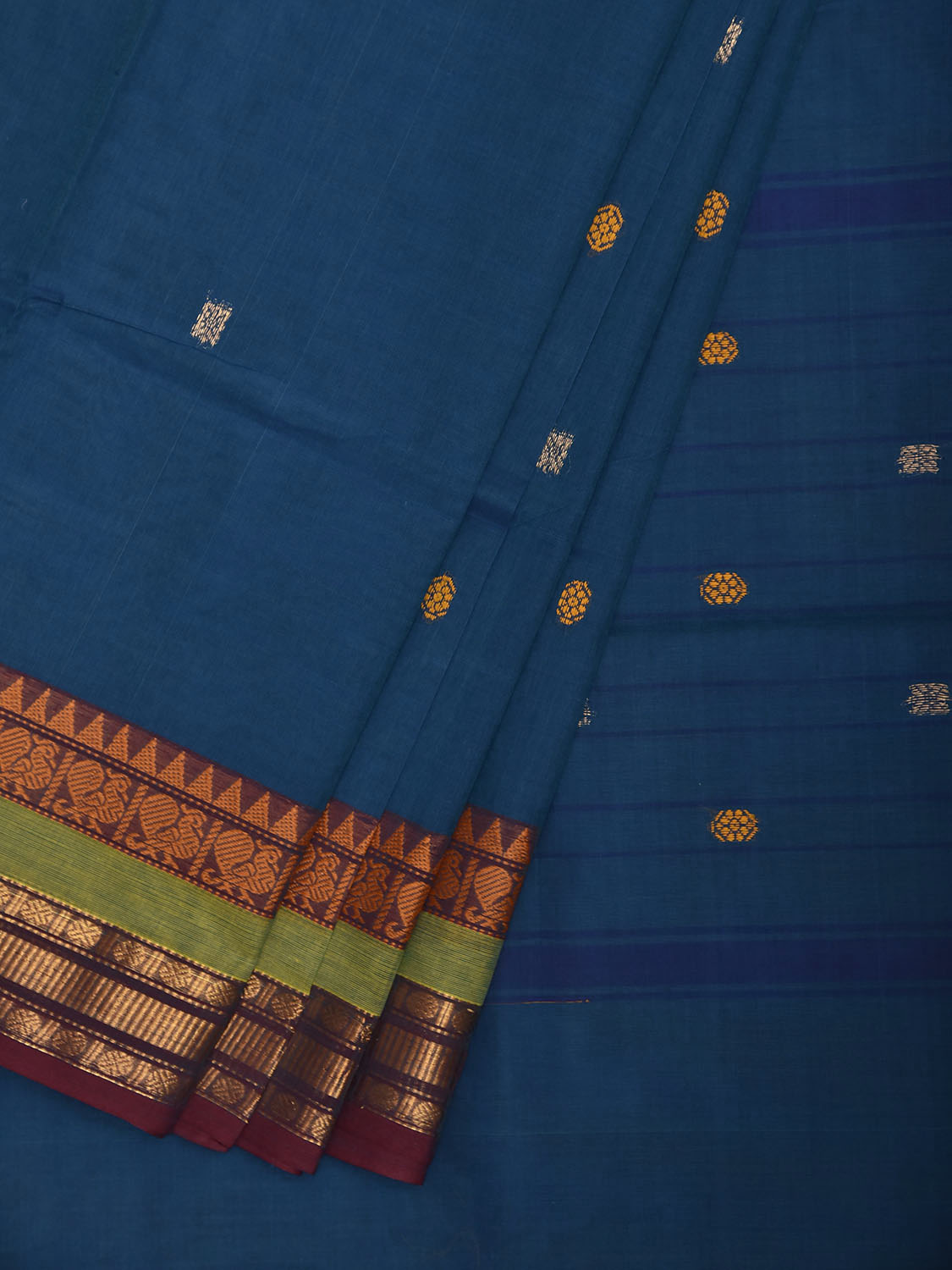 Blue and Green Kanchipuram Cotton Saree with Body Buta and Border Design No Blouse k1071