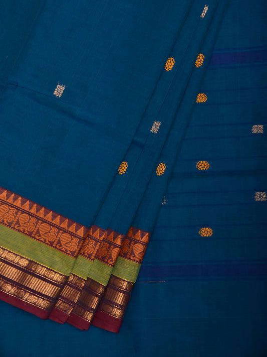 Blue and Green Kanchipuram Cotton Saree with Body Buta and Border Design No Blouse k1071