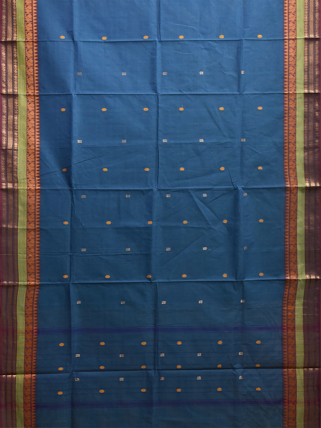 Blue and Green Kanchipuram Cotton Saree with Body Buta and Border Design No Blouse k1071