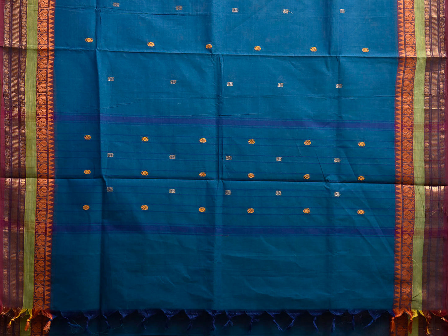 Blue and Green Kanchipuram Cotton Saree with Body Buta and Border Design No Blouse k1071