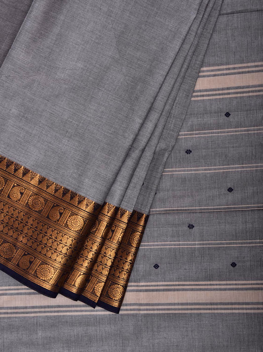 Grey and Black Kanchipuram Cotton Saree with Body Buta and Border Design k1072
