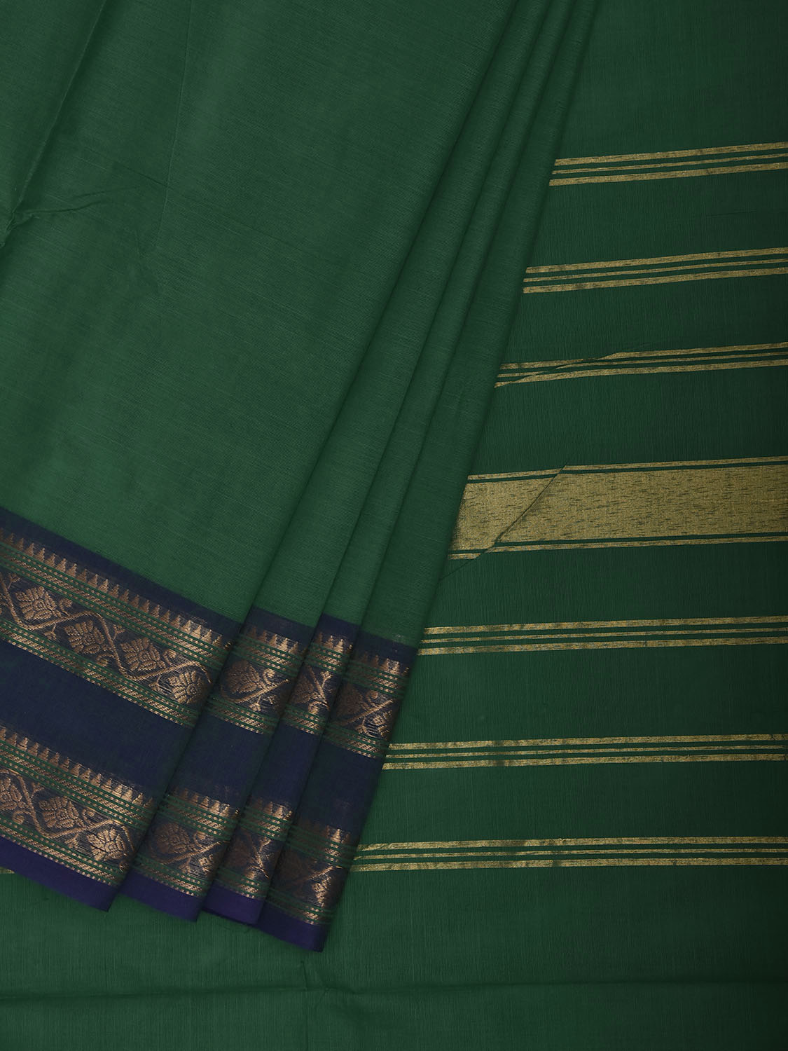 Green and Navy Kanchipuram Cotton Plain Saree with Strips Pallu and Border Design k1073