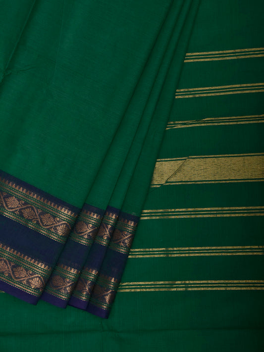 Green and Navy Kanchipuram Cotton Plain Saree with Strips Pallu and Border Design k1073