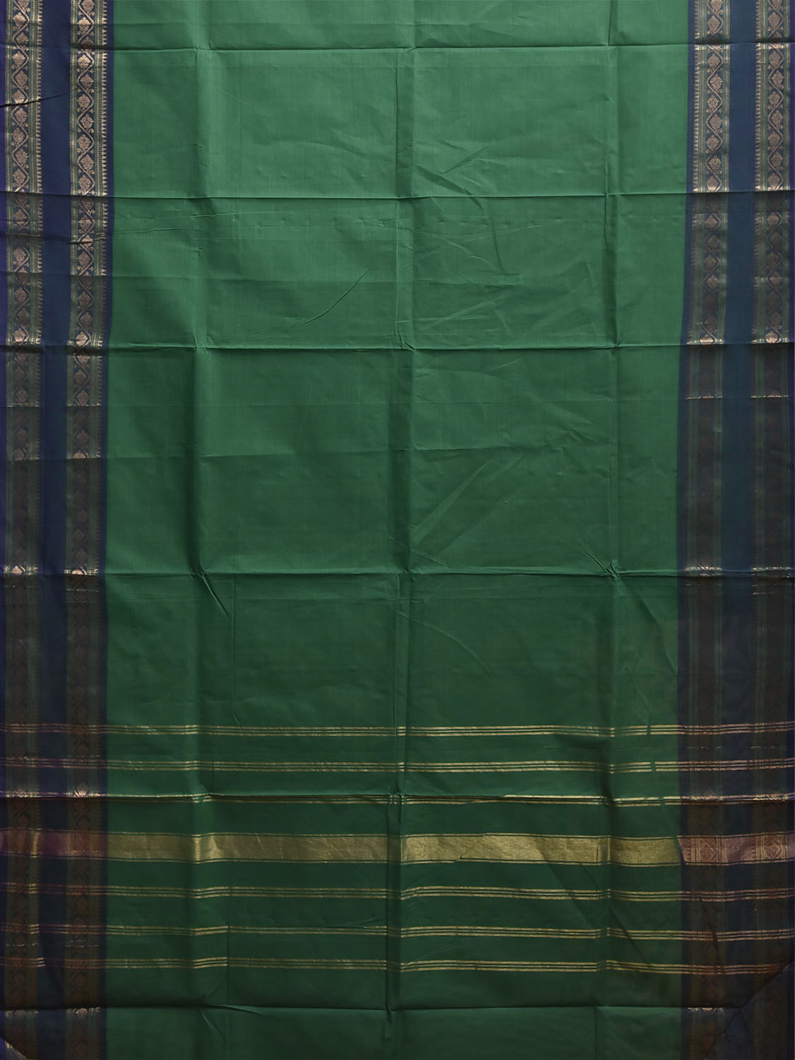Green and Navy Kanchipuram Cotton Plain Saree with Strips Pallu and Border Design k1073