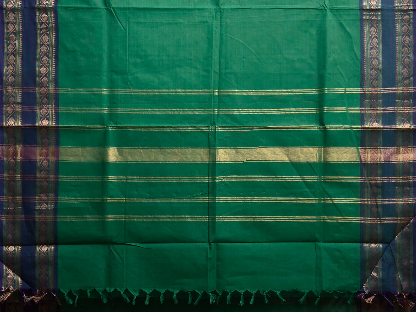 Green and Navy Kanchipuram Cotton Plain Saree with Strips Pallu and Border Design k1073