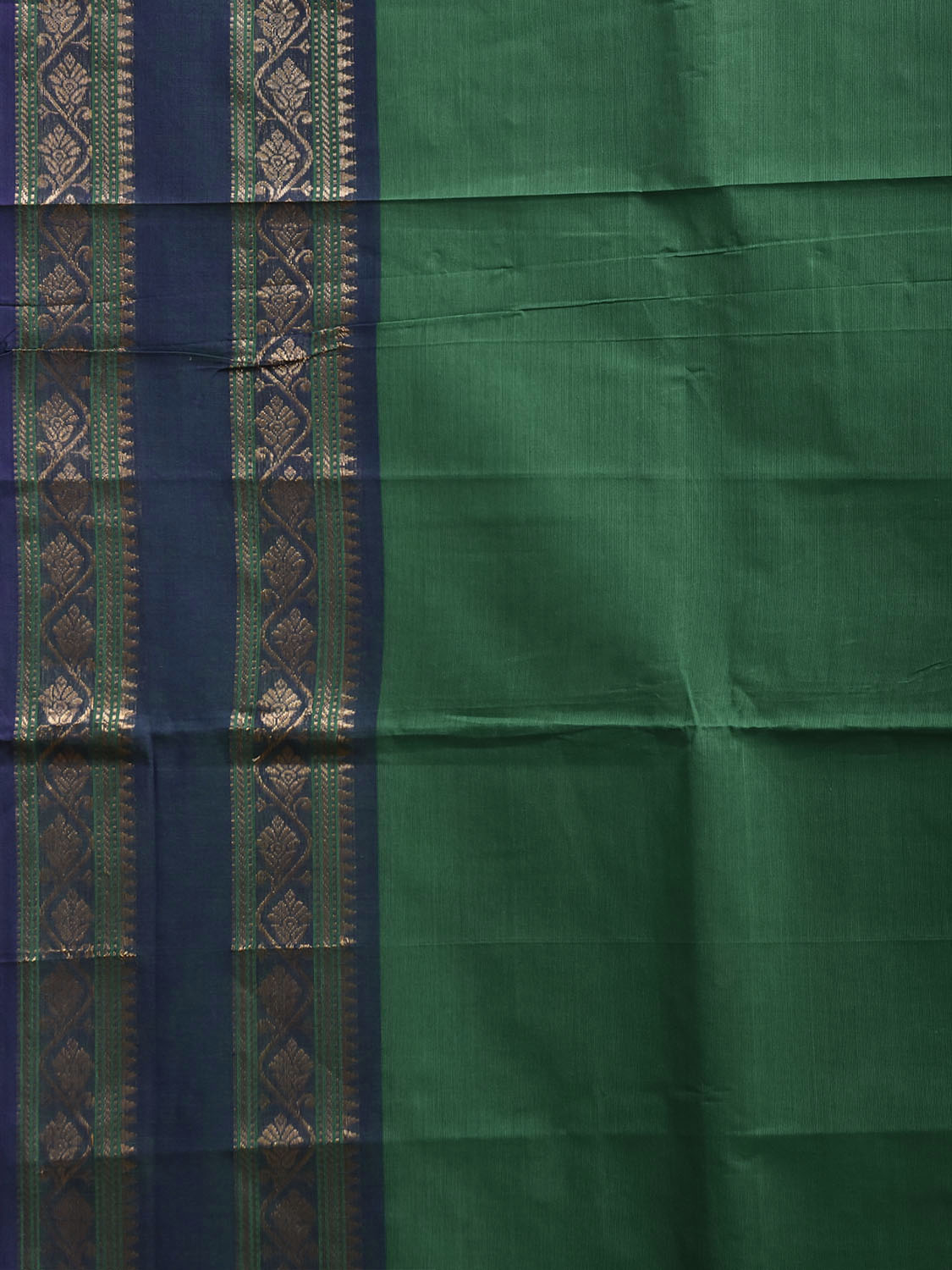 Green and Navy Kanchipuram Cotton Plain Saree with Strips Pallu and Border Design k1073