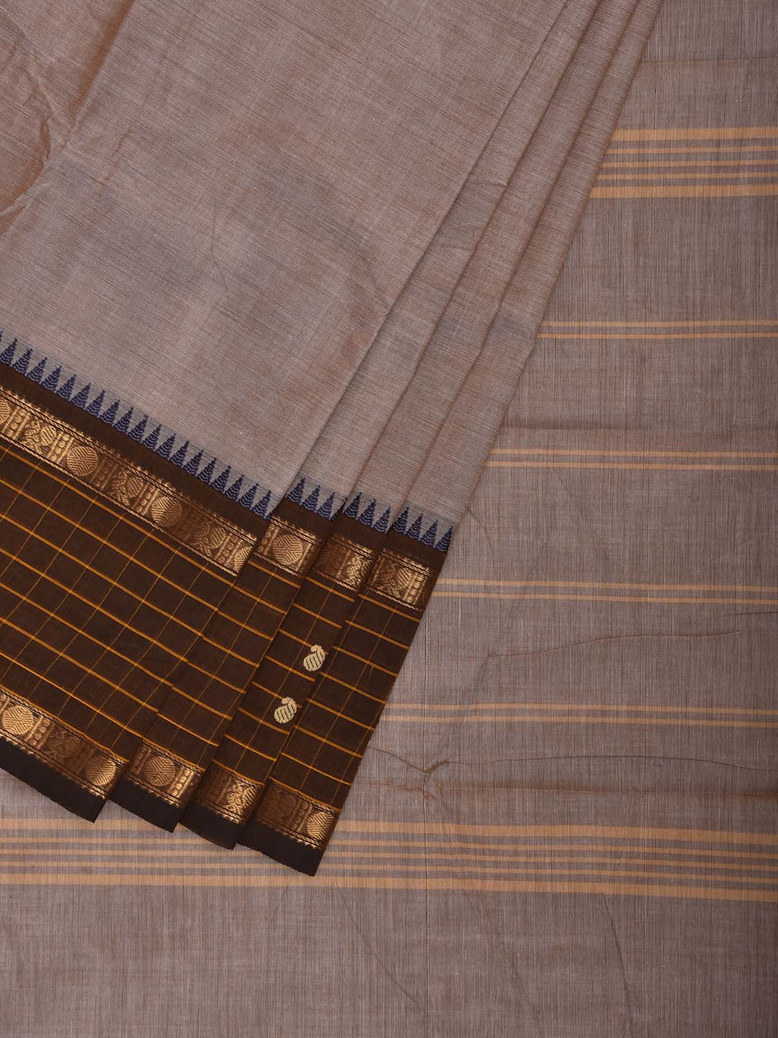 Cream and Brown Kanchipuram Cotton Plain Saree with Strips Pallu and Checks Border Design k1074