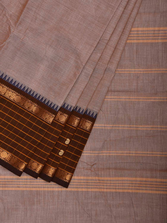 Cream and Brown Kanchipuram Cotton Plain Saree with Strips Pallu and Checks Border Design k1074
