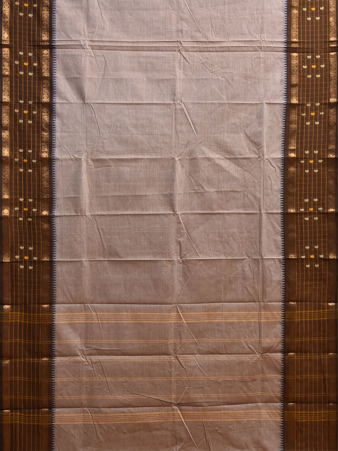 Cream and Brown Kanchipuram Cotton Plain Saree with Strips Pallu and Checks Border Design k1074