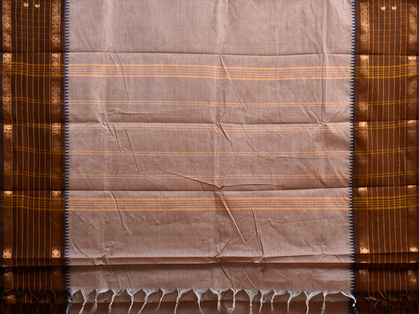 Cream and Brown Kanchipuram Cotton Plain Saree with Strips Pallu and Checks Border Design k1074