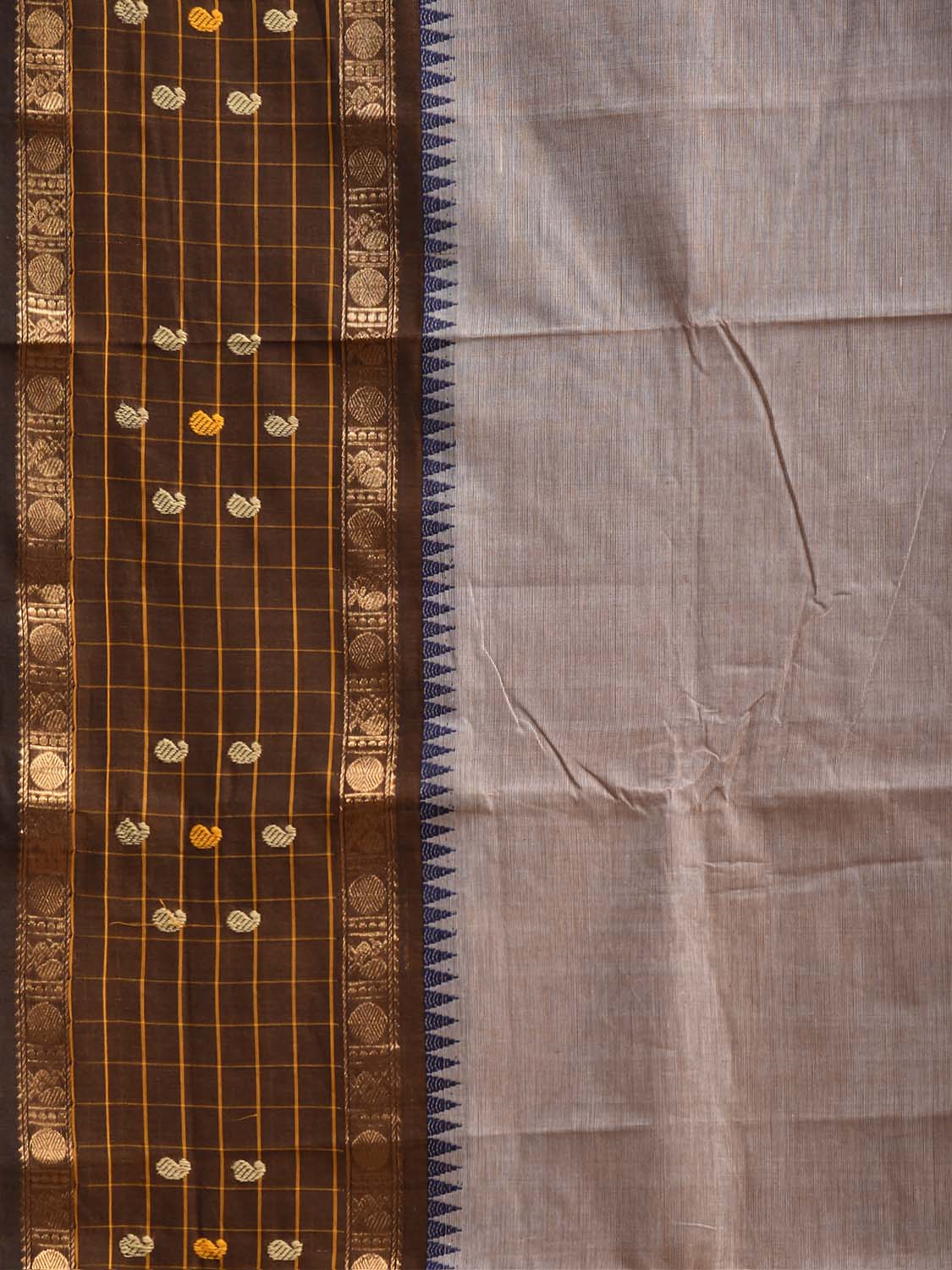 Cream and Brown Kanchipuram Cotton Plain Saree with Strips Pallu and Checks Border Design k1074