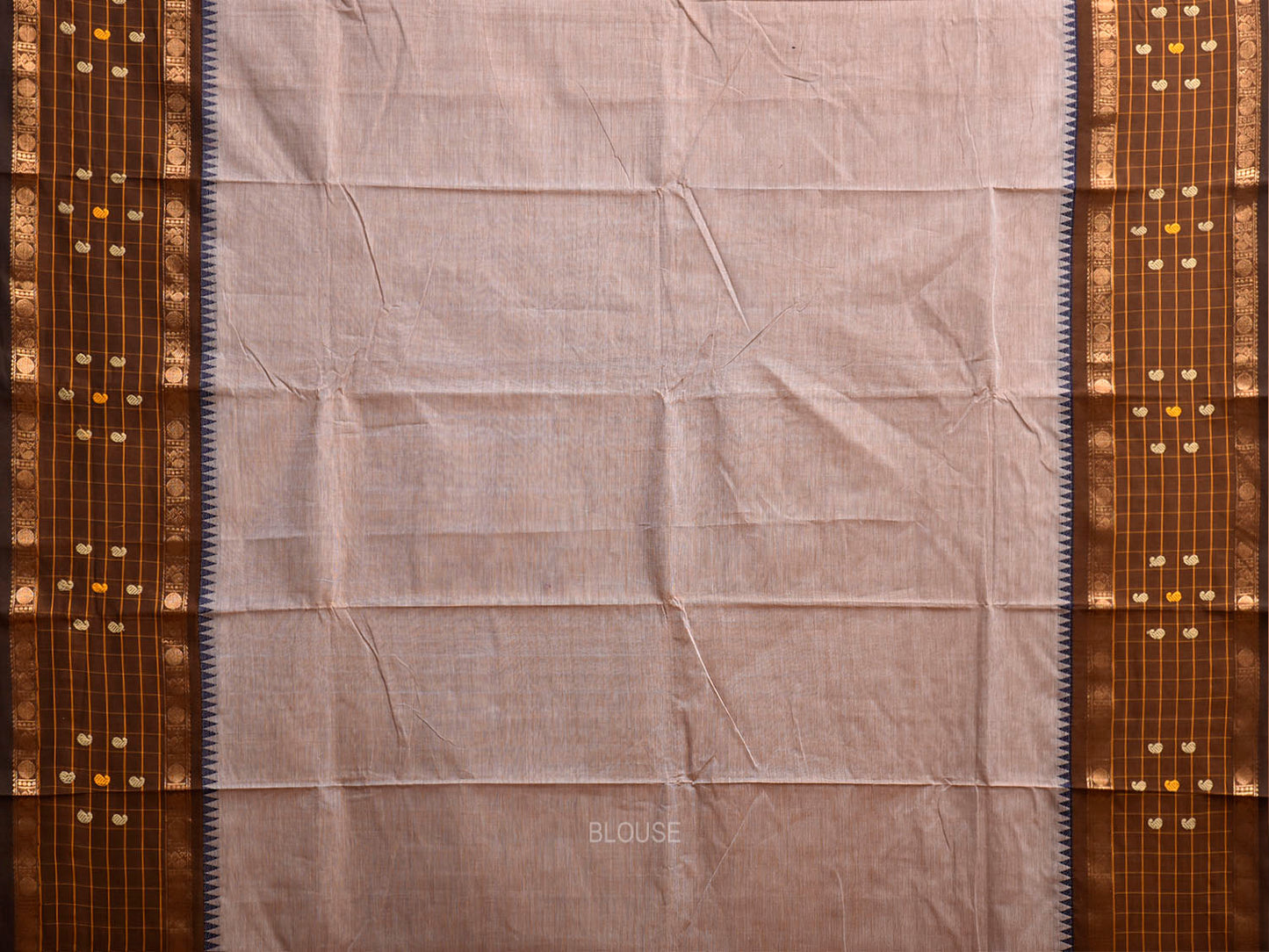 Cream and Brown Kanchipuram Cotton Plain Saree with Strips Pallu and Checks Border Design k1074