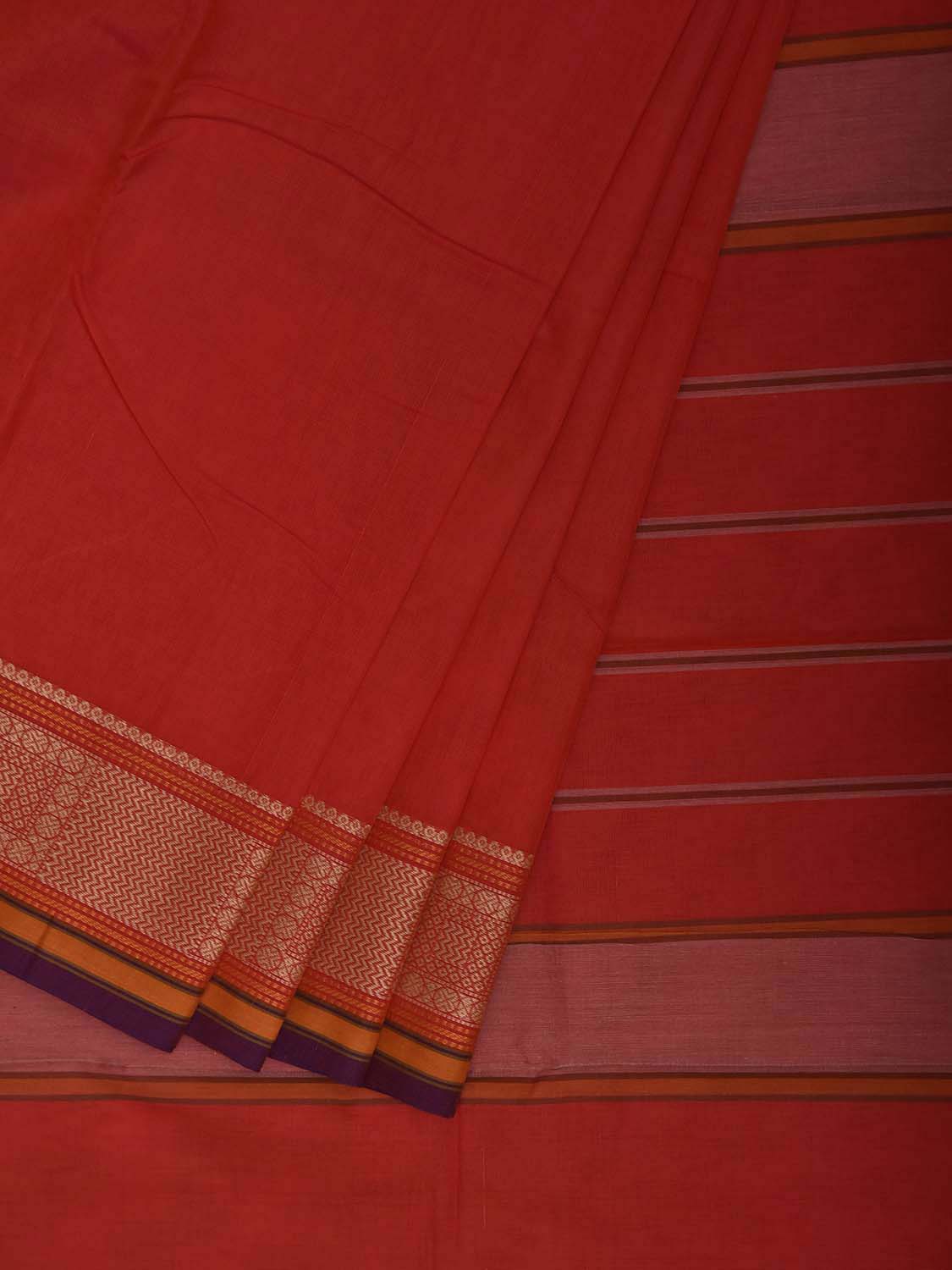 Red Kanchipuram Cotton Plain Saree with Strips Pallu and Border Design k1075