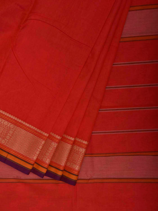 Red Kanchipuram Cotton Plain Saree with Strips Pallu and Border Design k1075