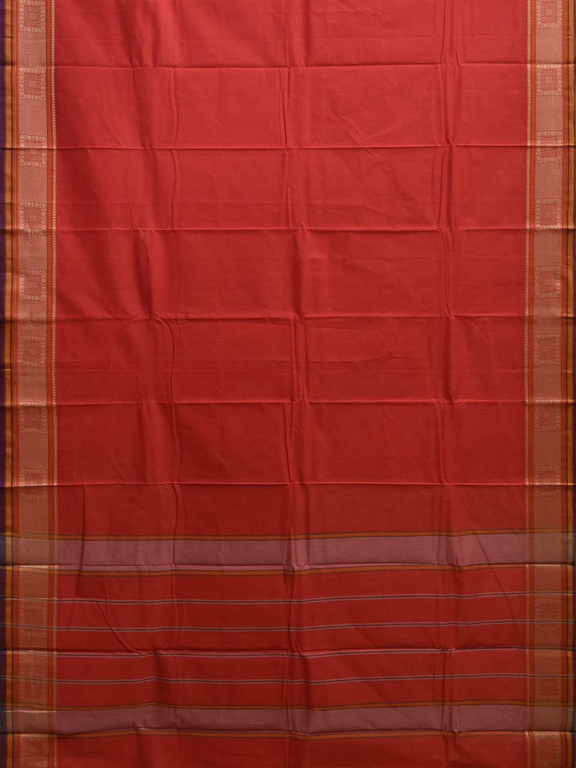 Red Kanchipuram Cotton Plain Saree with Strips Pallu and Border Design k1075