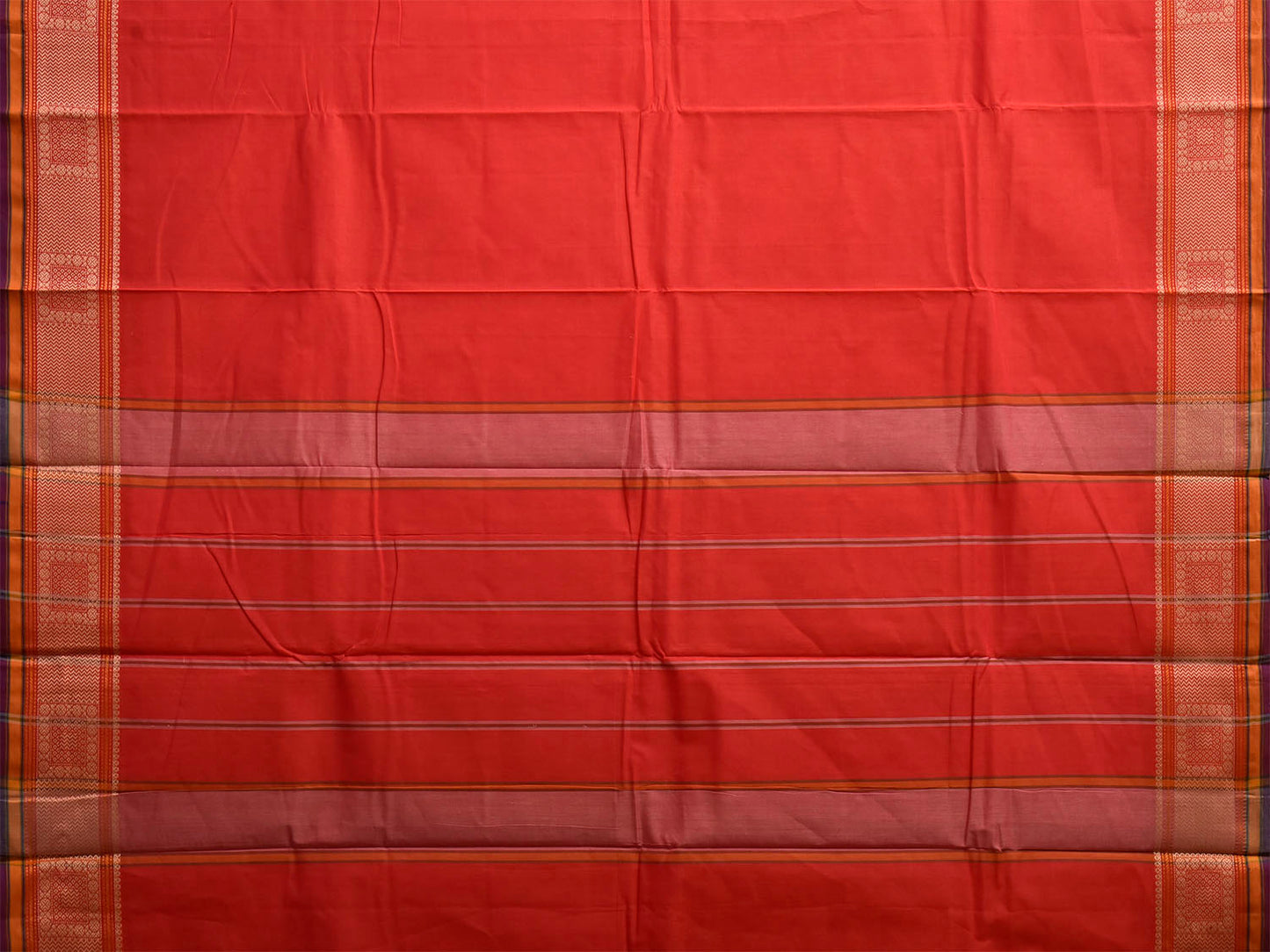 Red Kanchipuram Cotton Plain Saree with Strips Pallu and Border Design k1075