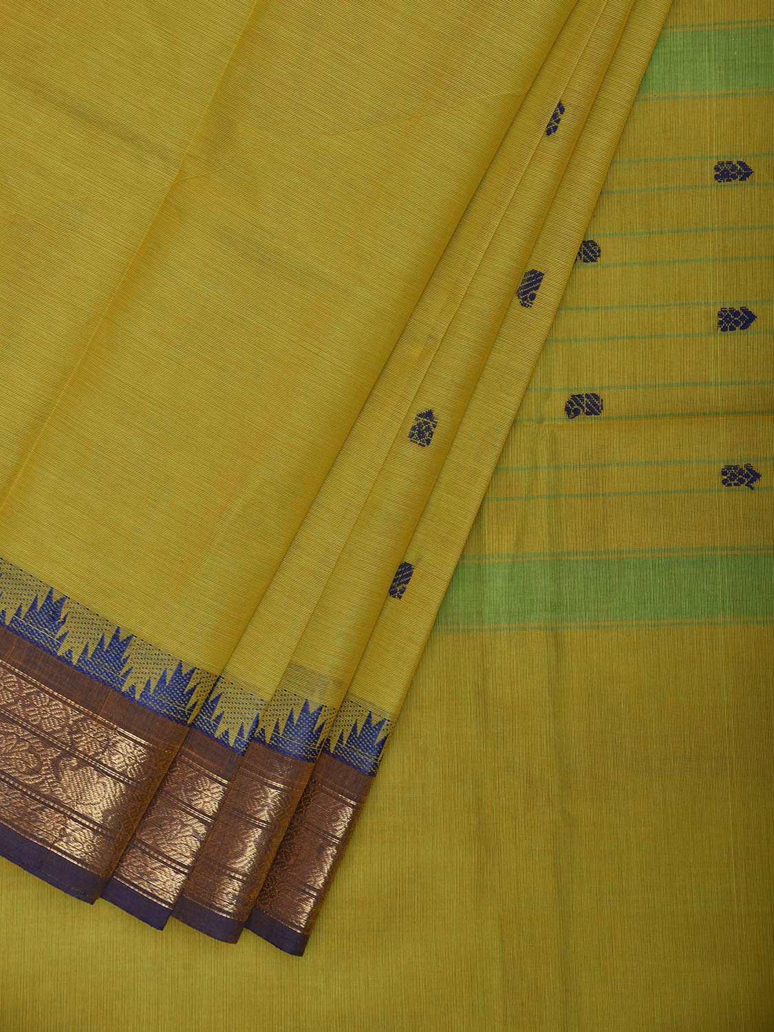 Light Green and Blue Kanchipuram Cotton Saree with Body Buta and Temple Border Design k1076