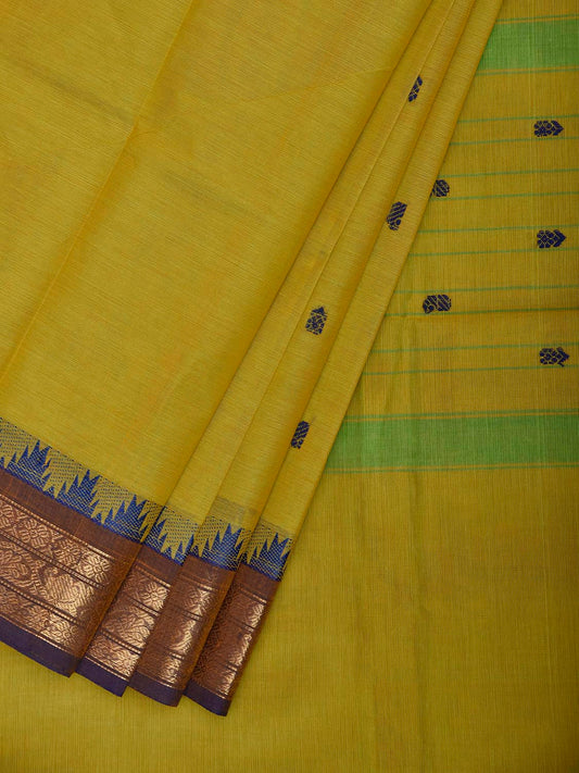 Light Green and Blue Kanchipuram Cotton Saree with Body Buta and Temple Border Design k1076