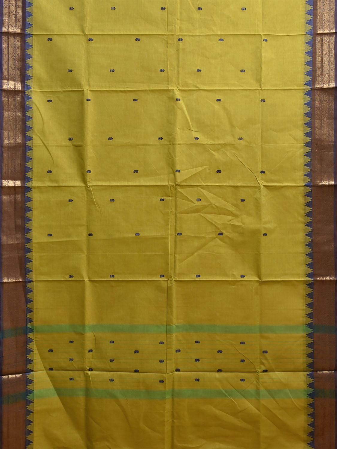 Light Green and Blue Kanchipuram Cotton Saree with Body Buta and Temple Border Design k1076