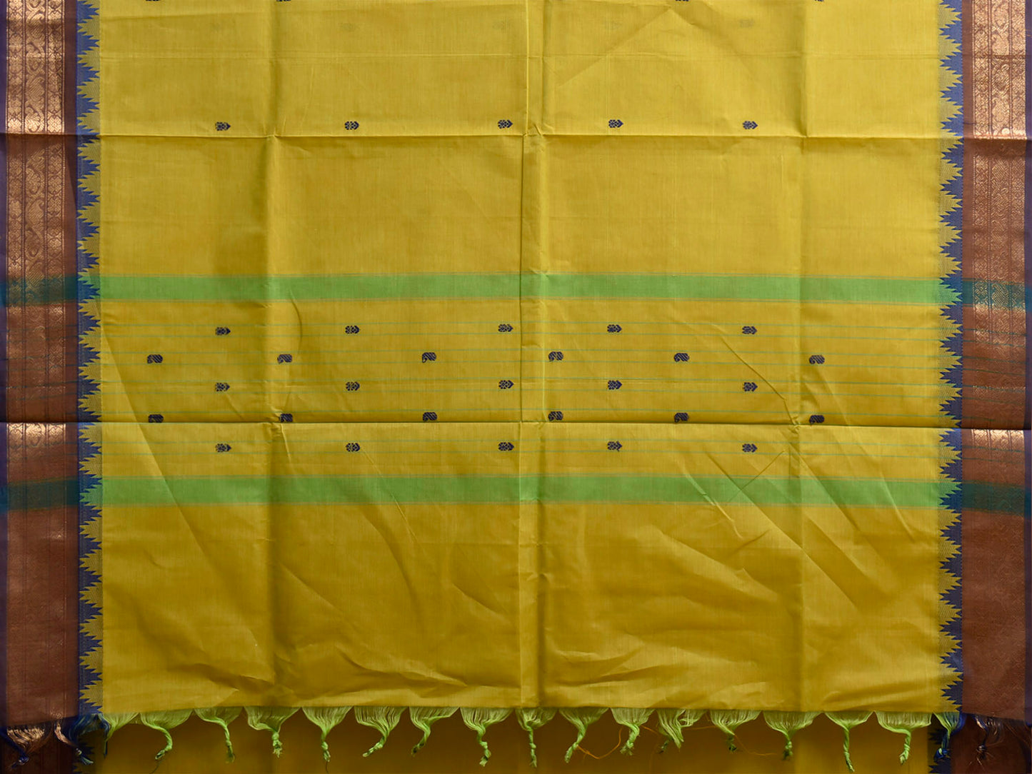 Light Green and Blue Kanchipuram Cotton Saree with Body Buta and Temple Border Design k1076