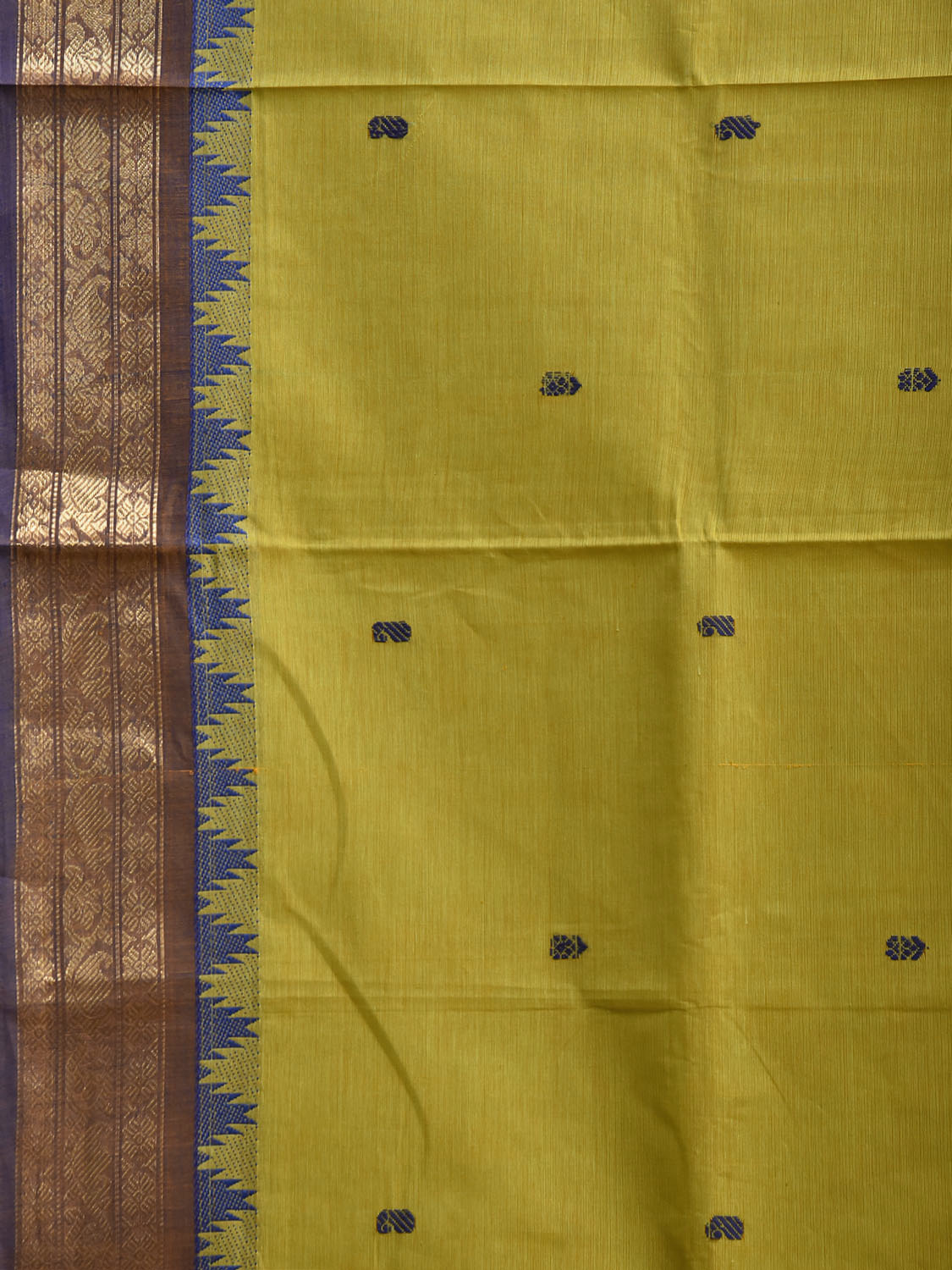 Light Green and Blue Kanchipuram Cotton Saree with Body Buta and Temple Border Design k1076