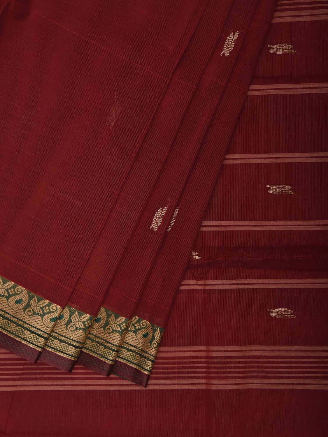 Maroon and Green Kanchipuram Cotton Saree with Body Buta and Strips Pallu Design No Blouse k1077