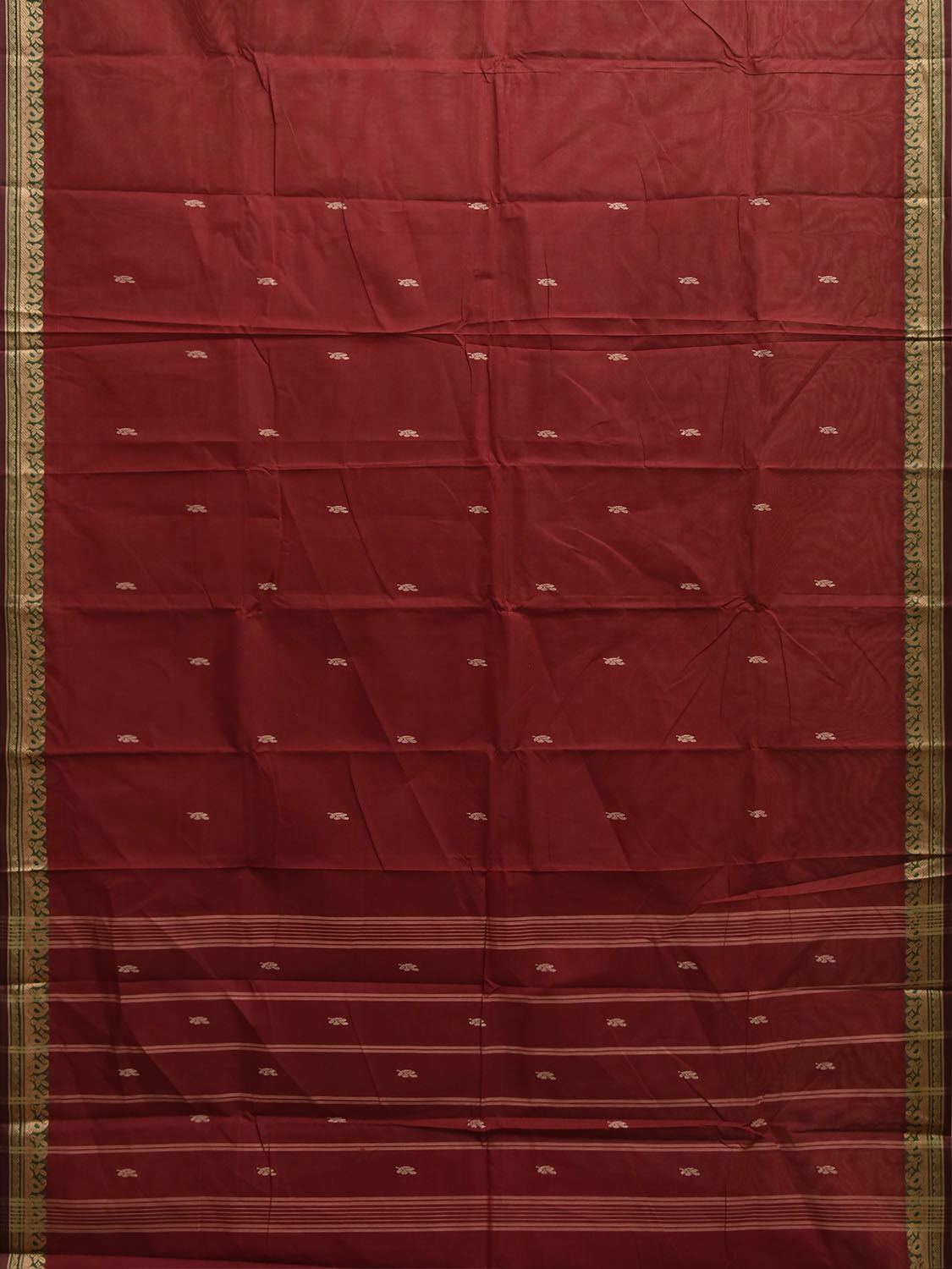 Maroon and Green Kanchipuram Cotton Saree with Body Buta and Strips Pallu Design No Blouse k1077