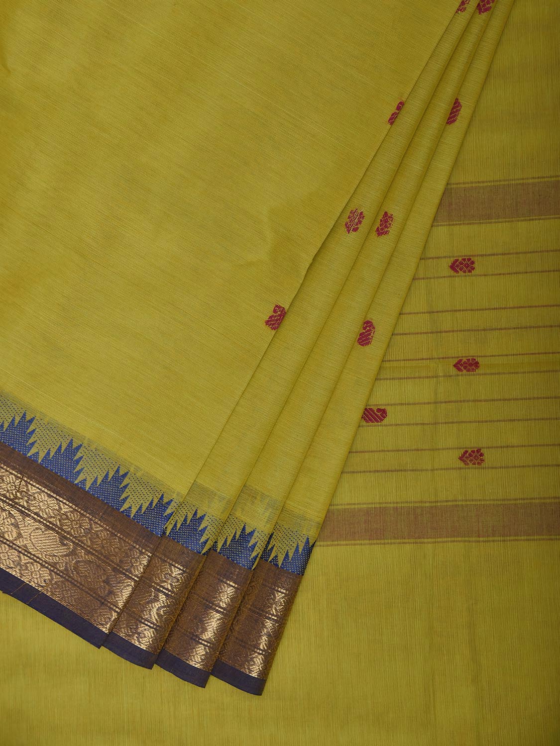 Light Green and Blue Kanchipuram Cotton Saree with Body Buta and Temple Border Design k1078