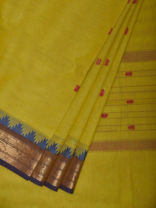 Light Green and Blue Kanchipuram Cotton Saree with Body Buta and Temple Border Design k1078