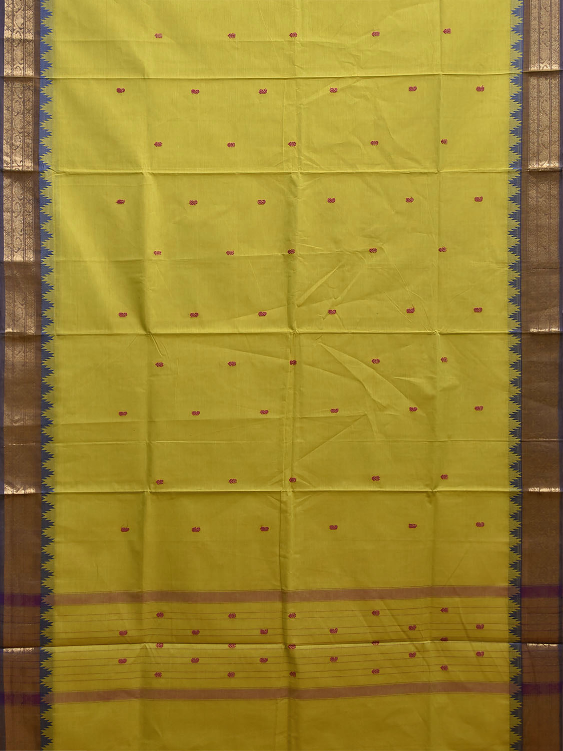 Light Green and Blue Kanchipuram Cotton Saree with Body Buta and Temple Border Design k1078