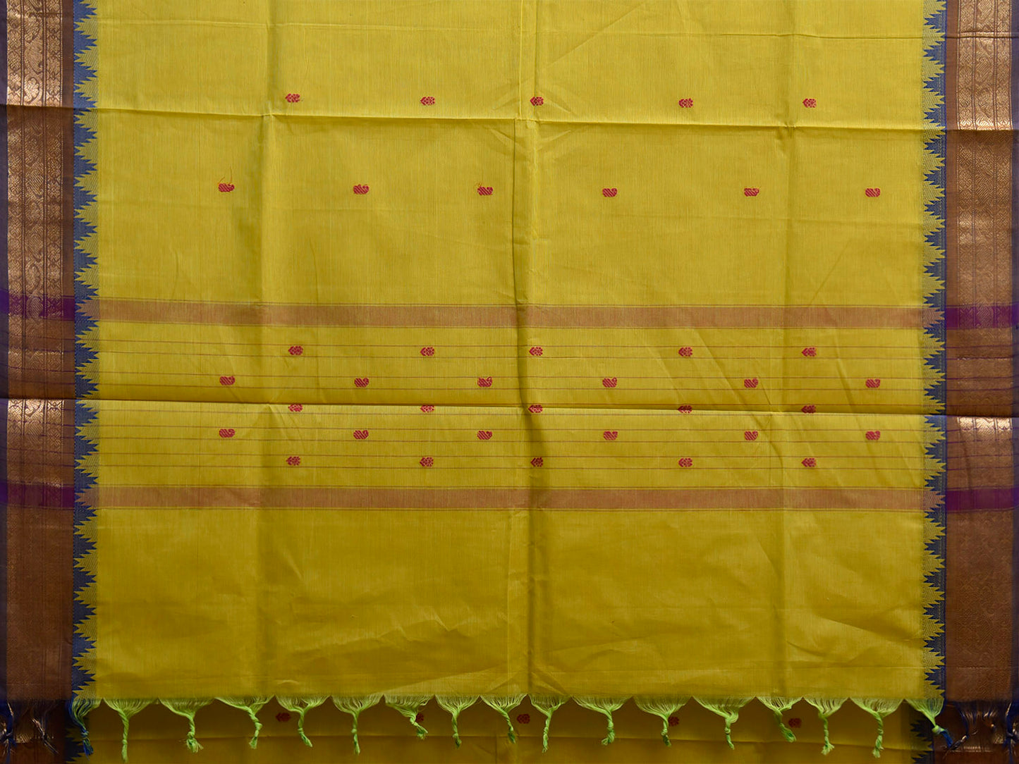 Light Green and Blue Kanchipuram Cotton Saree with Body Buta and Temple Border Design k1078