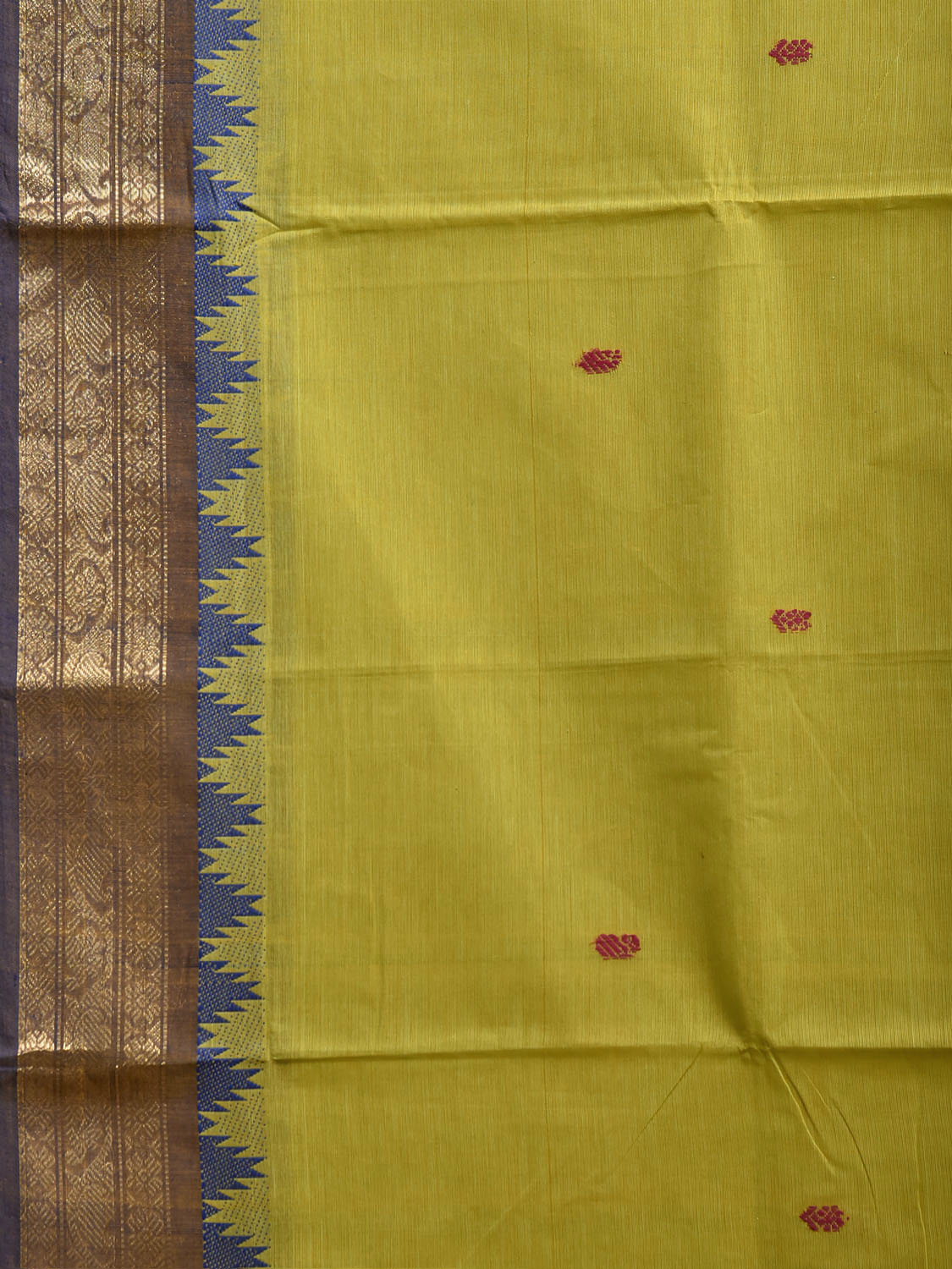 Light Green and Blue Kanchipuram Cotton Saree with Body Buta and Temple Border Design k1078