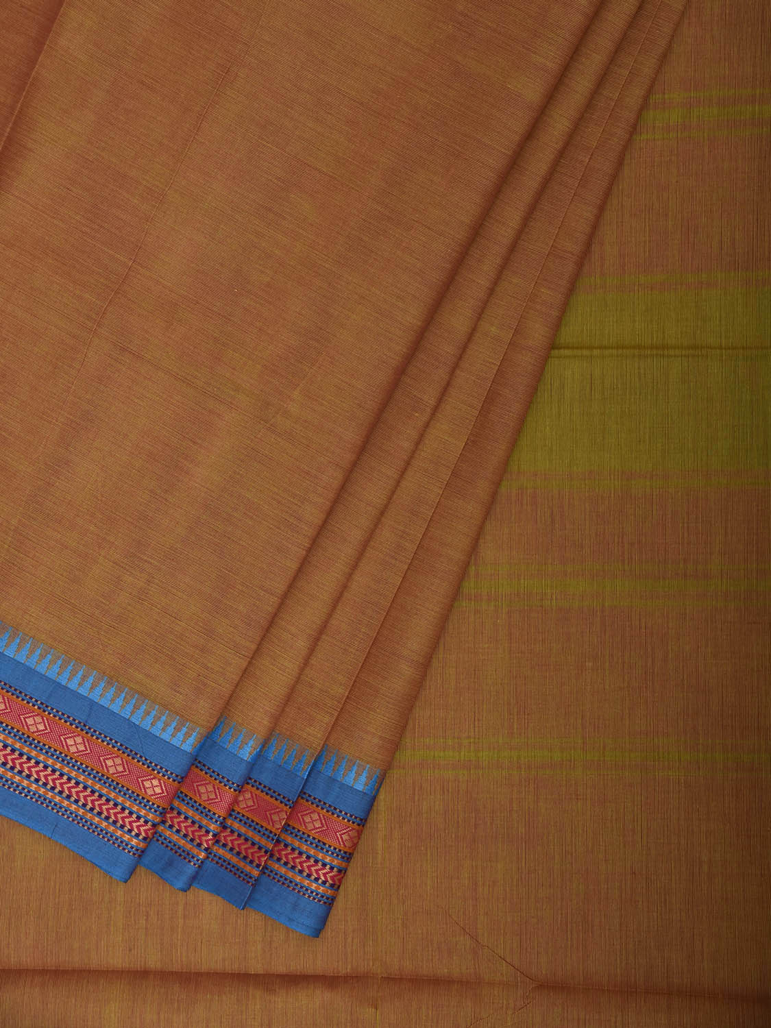 Light Orange and Blue Kanchipuram Cotton Plain Saree with Strips Pallu and Border Design