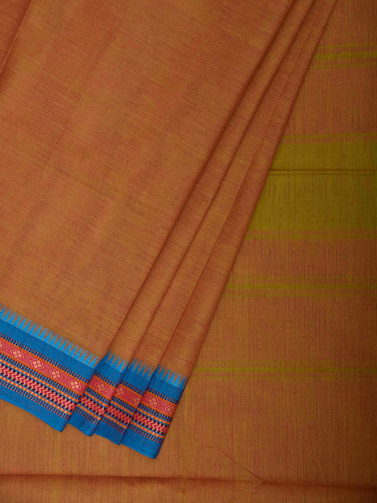 Light Orange and Blue Kanchipuram Cotton Plain Saree with Strips Pallu and Border Design