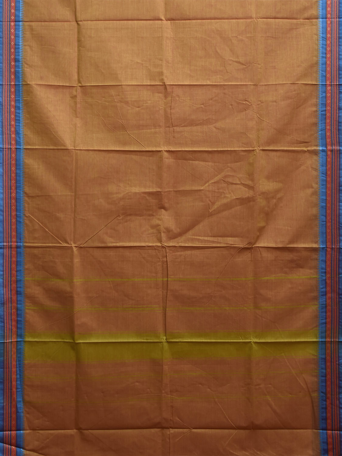 Light Orange and Blue Kanchipuram Cotton Plain Saree with Strips Pallu and Border Design