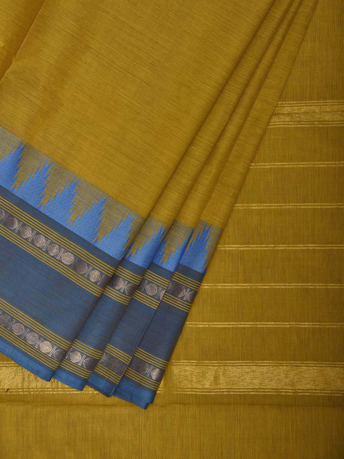 Olive and Blue Kanchipuram Cotton Plain Saree with Strips Pallu and Temple Border Design k1080