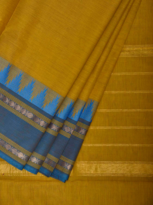 Olive and Blue Kanchipuram Cotton Plain Saree with Strips Pallu and Temple Border Design k1080